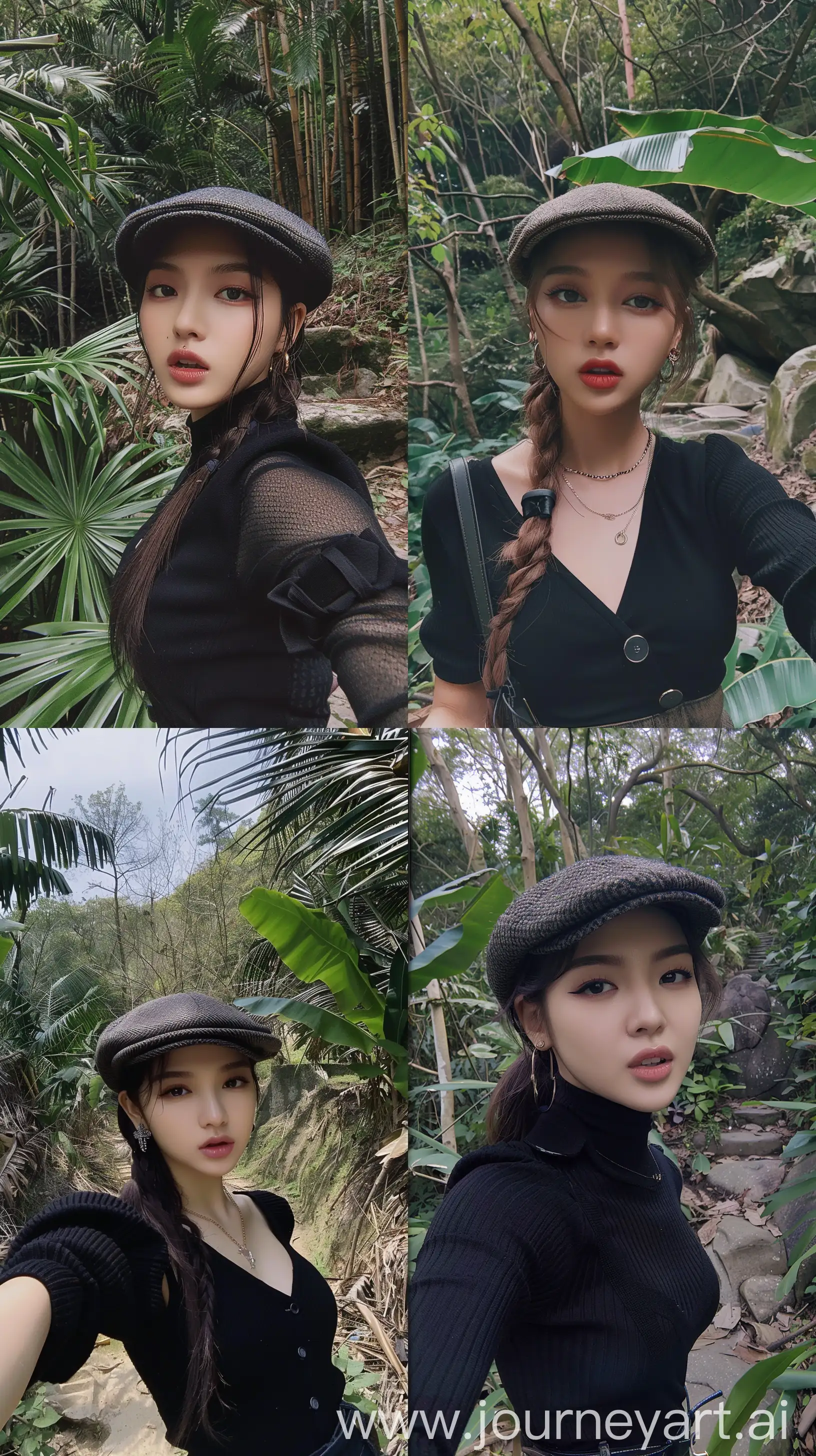 a blackpink's jennie, selfie, wearing cute black clothes, aestethic make up,hotly, walking on a jungle, wearing stylish flat cap --ar 9:16