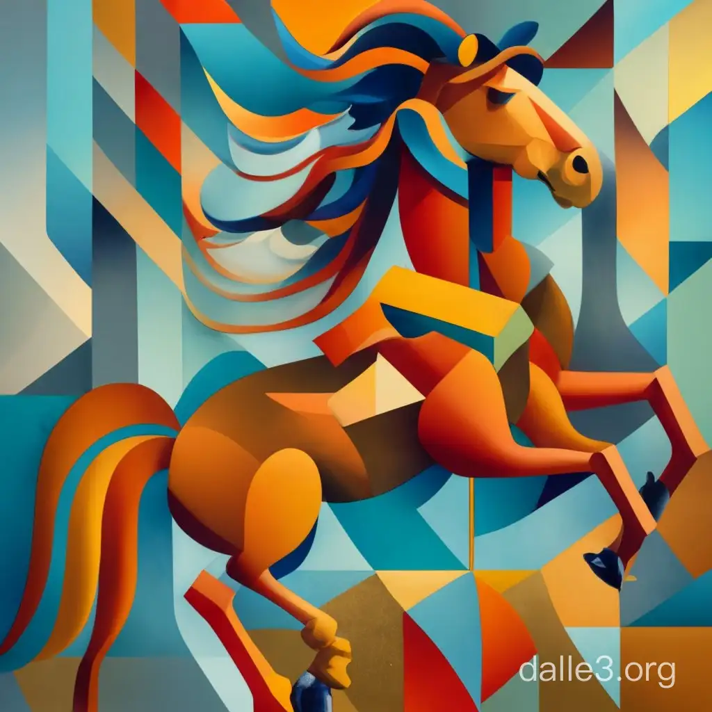 Rearing horse with long mane, cubism 