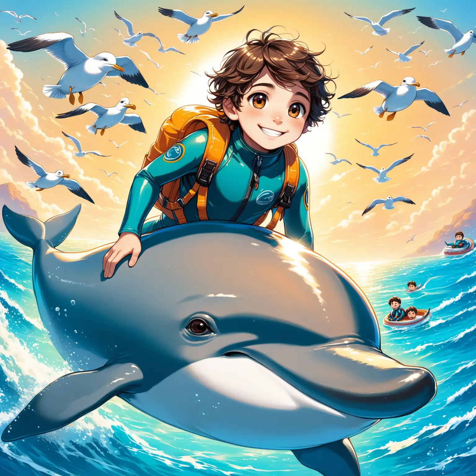 Smiling 10YearOld Boy Riding Dolphin in the Persian Sea