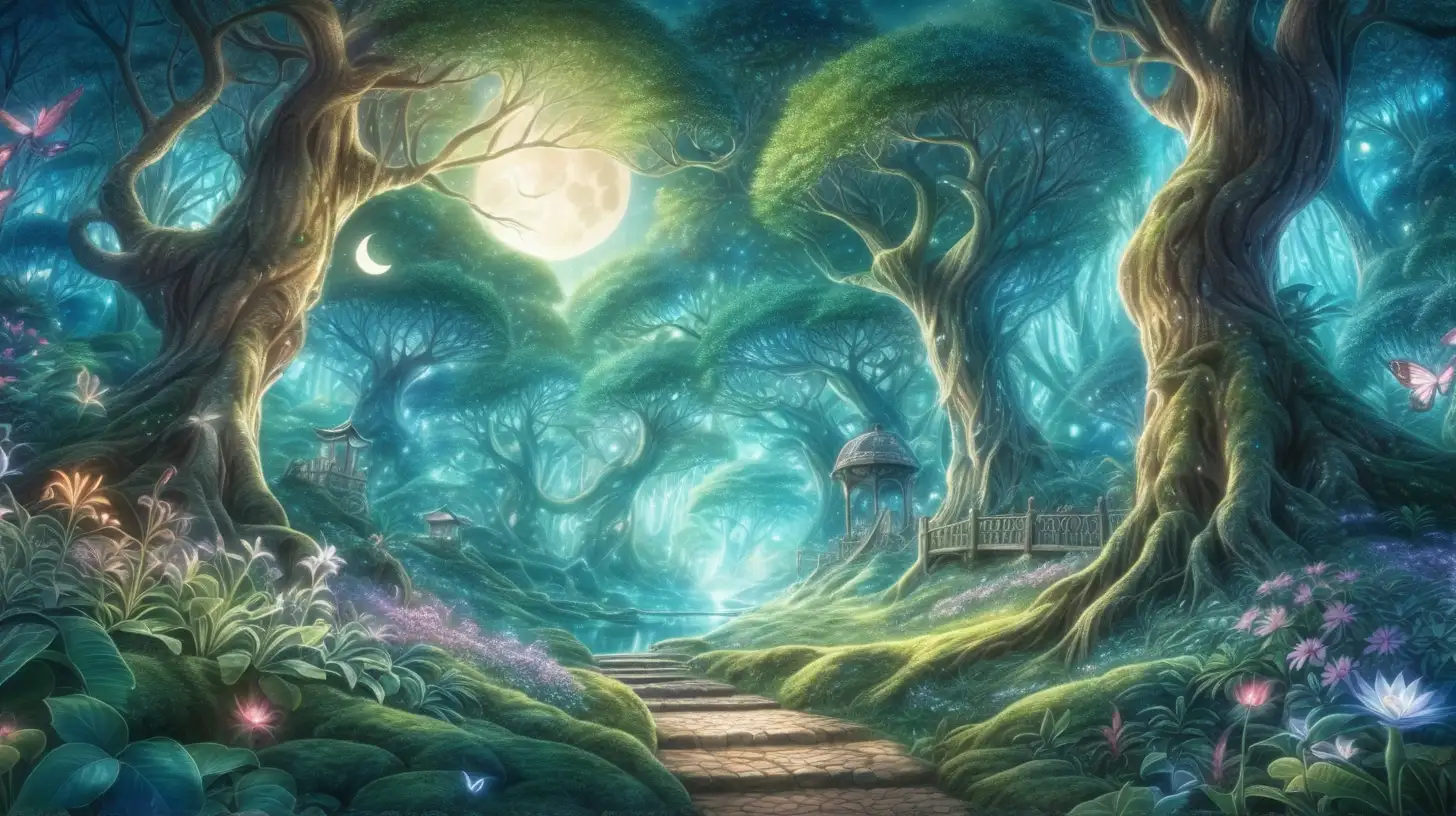 in anime style, a beautiful, magical enchanted forest  with its moonlit canopies, otherworldly flora, and enchanted inhabitants,  a beautiful forest where magic thrives 
