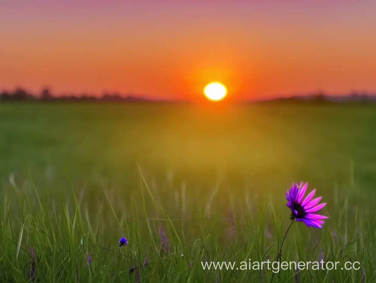 закат, поле с зеленой травой, оранжевое солнце на горизонте,  1 фиолетовый цветок на переднем плане