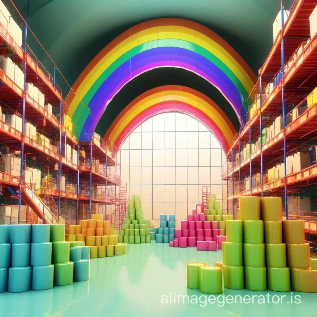 a rainbow factory scene in 3d