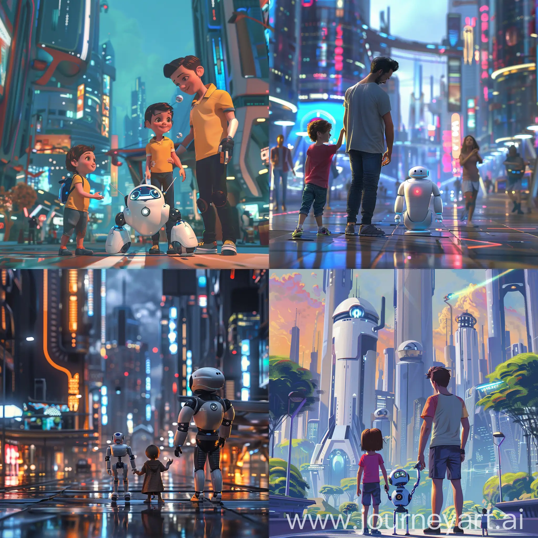 "A young urban family and their robot exploring a futuristic city"