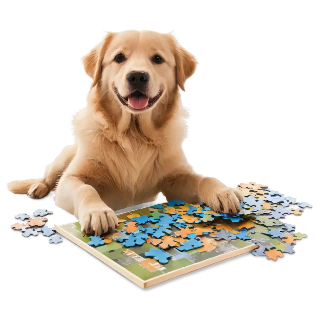 happy dog playing with puzzle