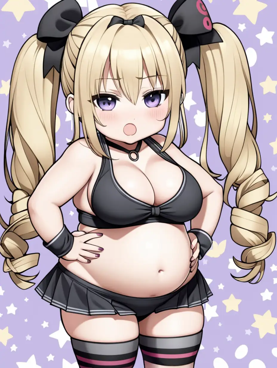 Chibi Anime Cheerleader Obese Goth Girl with Buxom Figure and Blonde Pigtails