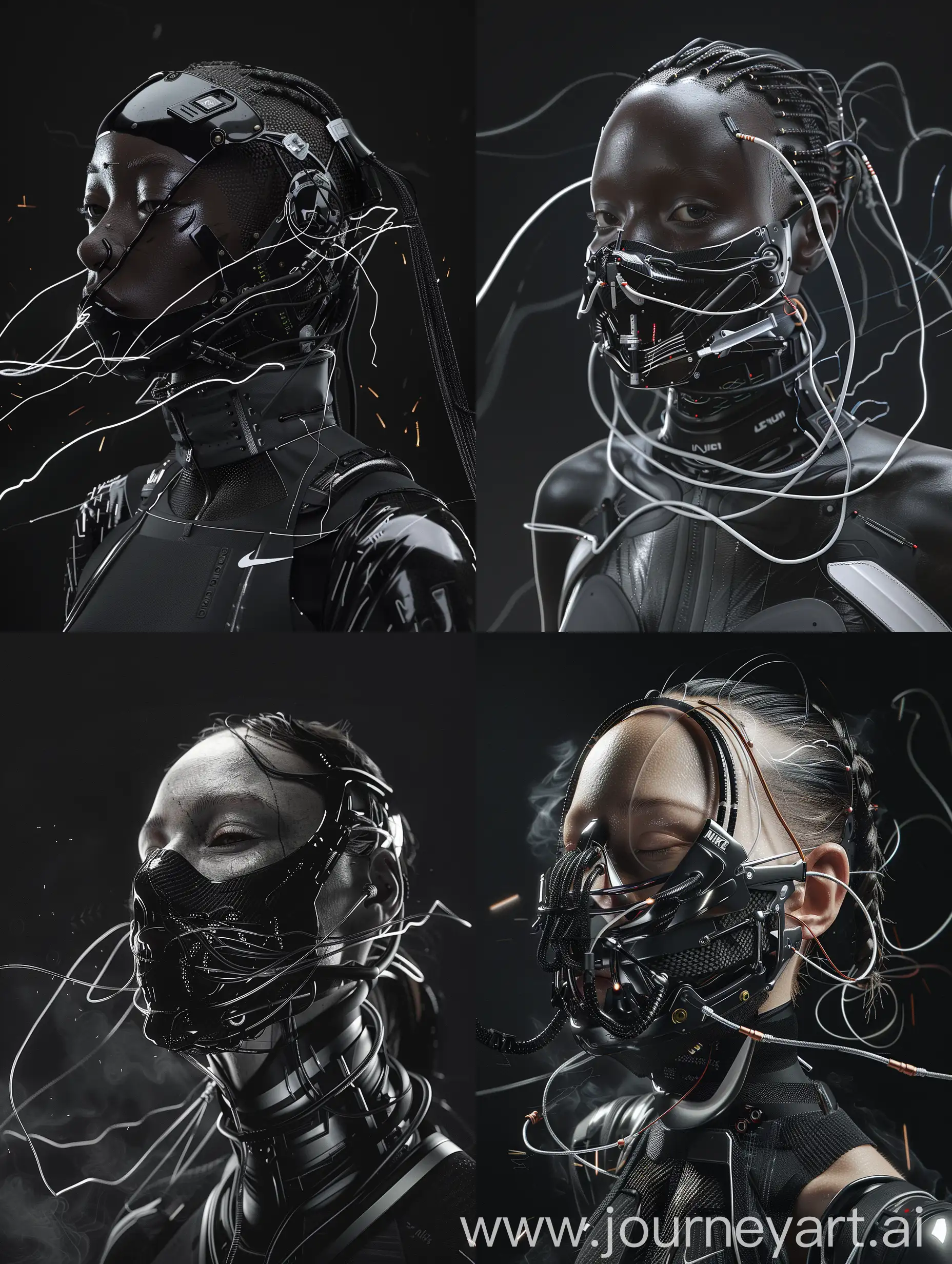Against a sleek black backdrop, behold a mesmerizing character adorned with a cybernetic mouth-covering mask. It seamlessly blends cutting-edge technology with intricate details, boasting carbon fiber textures, sleek aluminum accents, and pulsating wires. Symbolizing the delicate balance between humanity and machine, her appearance embodies the essence of a futuristic cyberpunk aesthetic, enhanced with Nike-inspired add-ons. With dynamic movements reminiscent of action film sequences, cinematic haze, and energy that crackles like lightning, her presence captivates with its irresistible allure. v2
