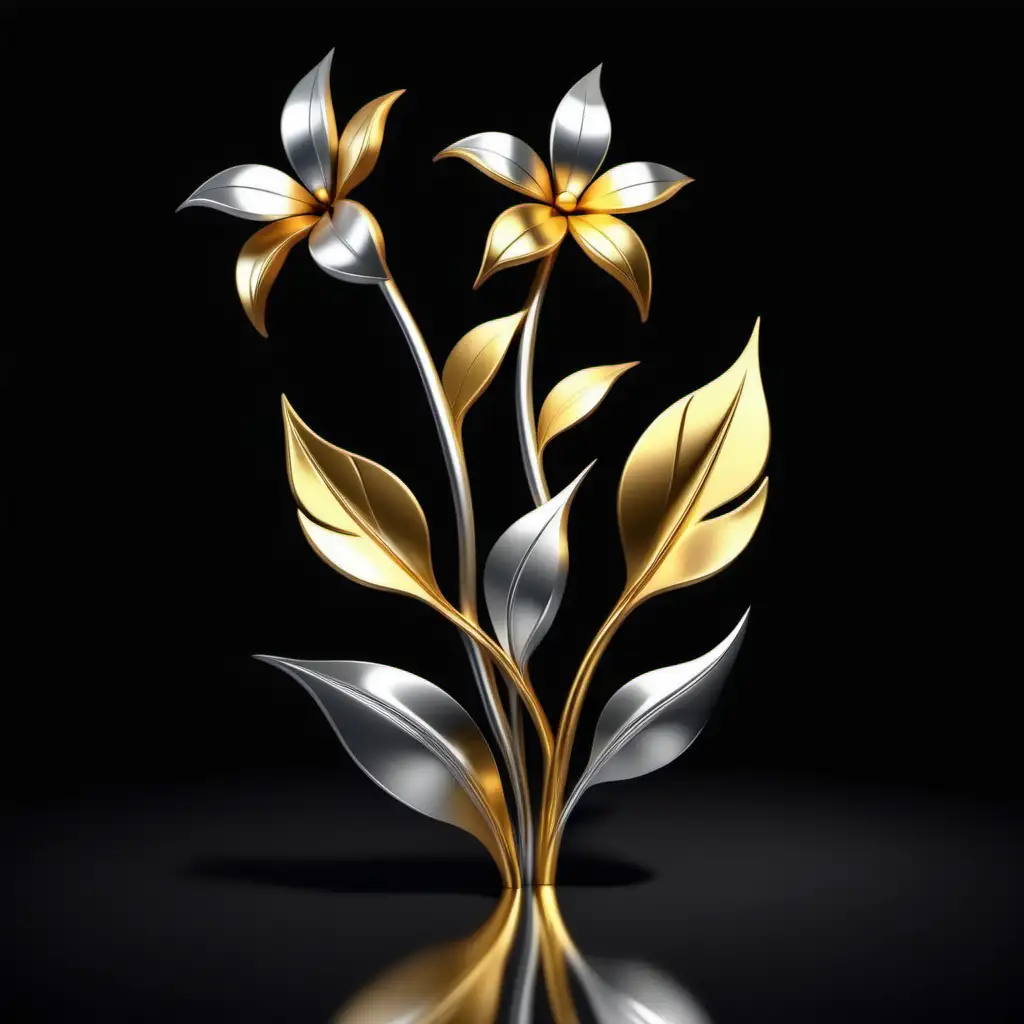 Elegant Stylized Gold and Silver Flower Stalks on Reflective Black Background