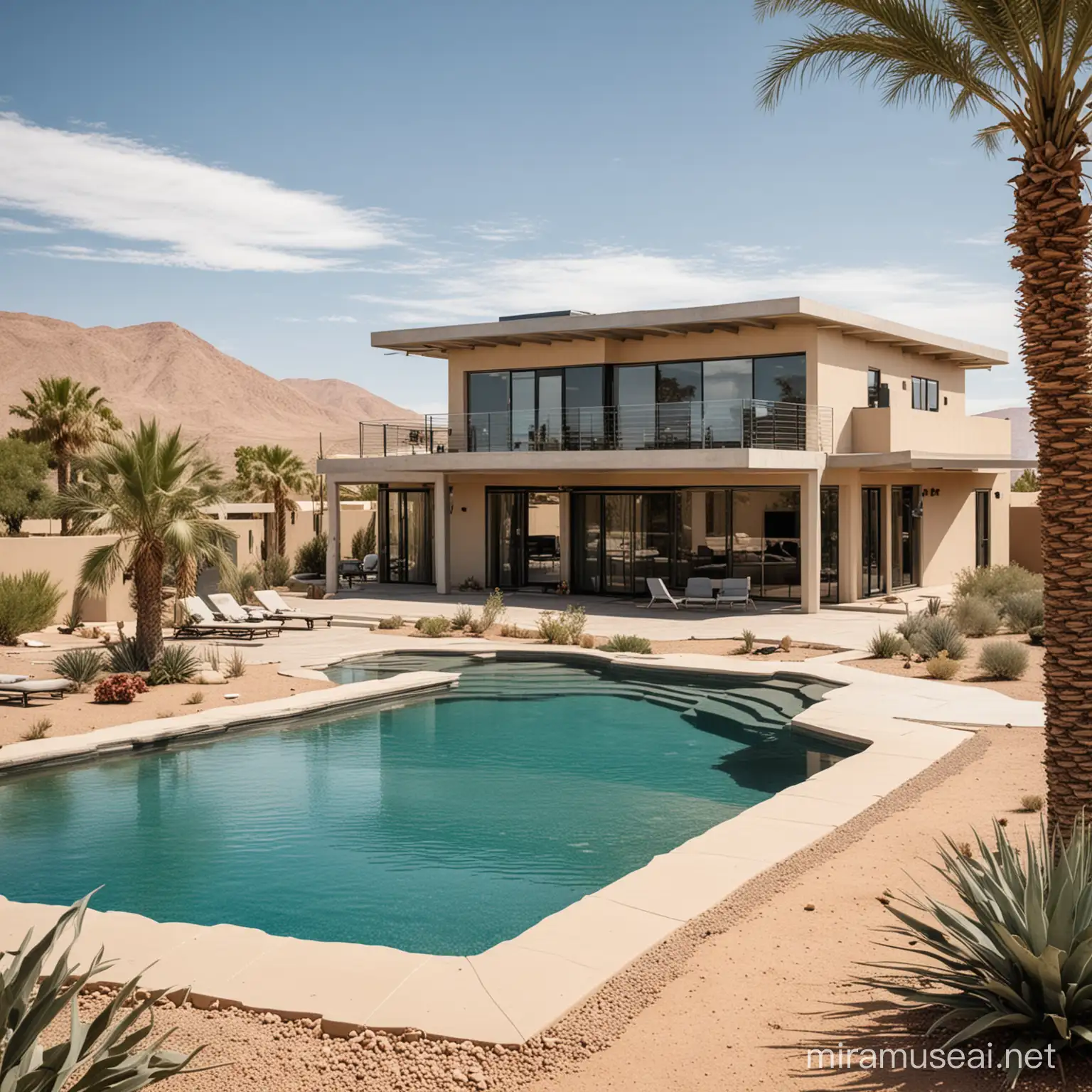 Оазис посреди пустыни с небольшим двухэтажным домом в стиле хайтек и бассейном возле дома