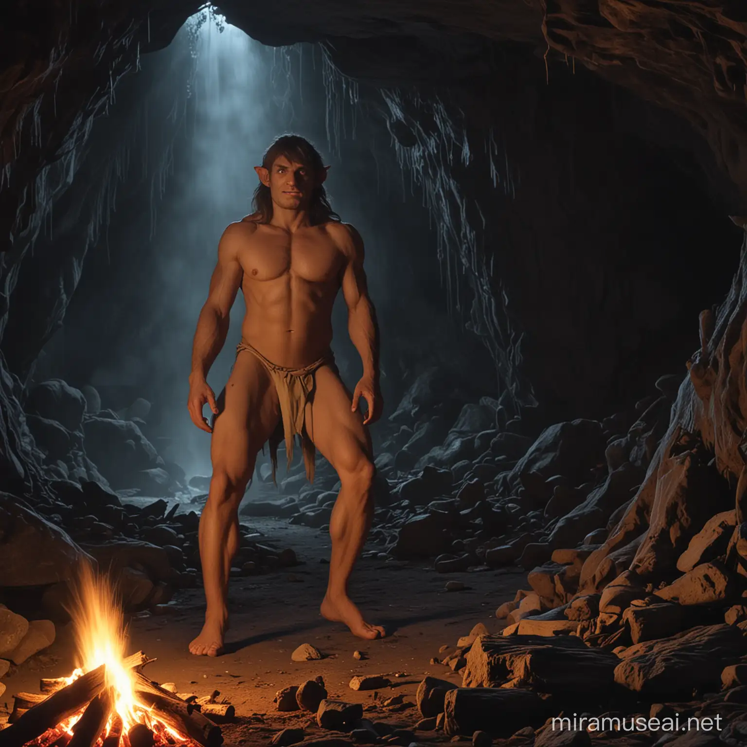 troll,forest cave,at midnight,bonfire,large feet,naked,loincloth
