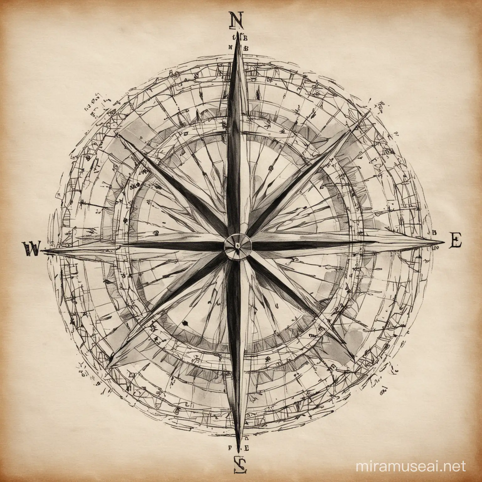 Vintage Compass Rose Drawing in Classic Black and White Ink