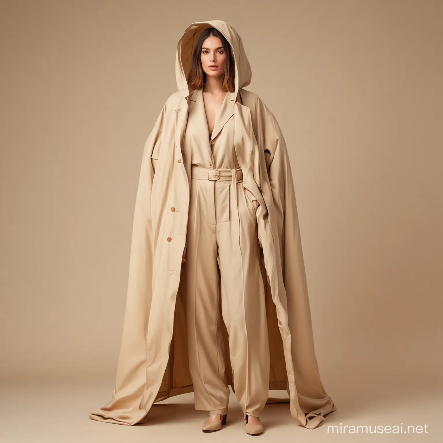 Woman dressed in a oversize, beige suit looking lige she is wearing a tent
