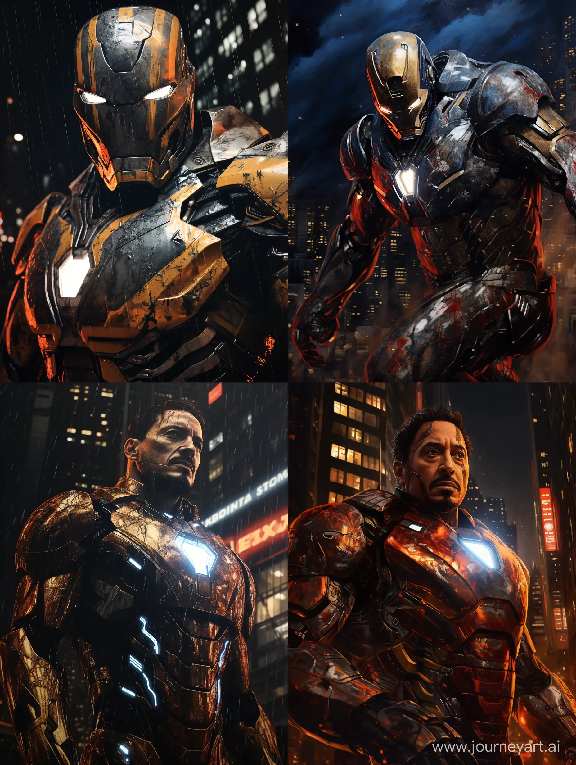 Iron Man take off the marks, show tony stark face, in New York night, corrosion by venom