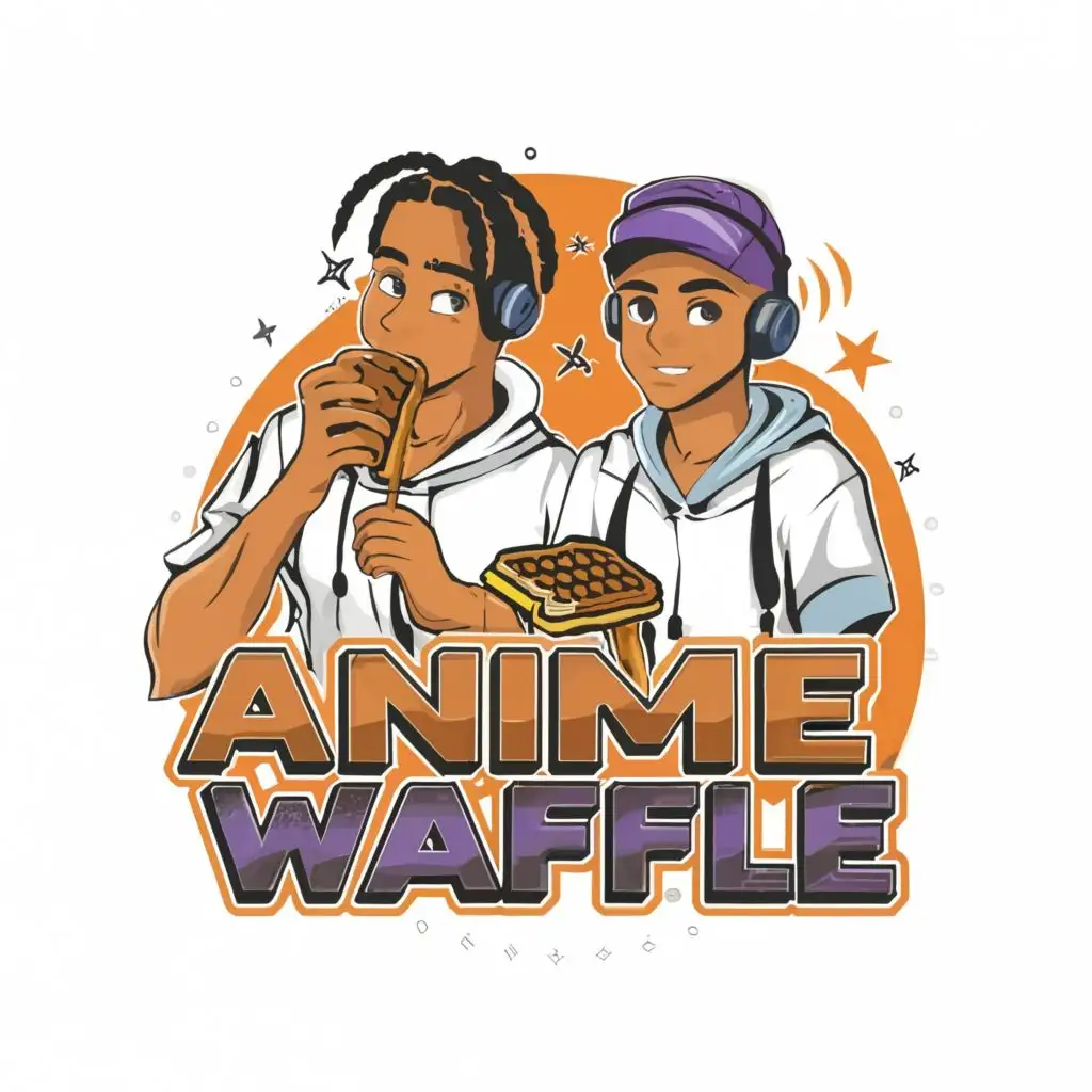 logo, Black Male with Braids, Tamil Male wearing a cap in a hoodie, eating a waffle, whilst both listening to their headphones, with the text "Anime Waffle", typography, be used in Entertainment industry