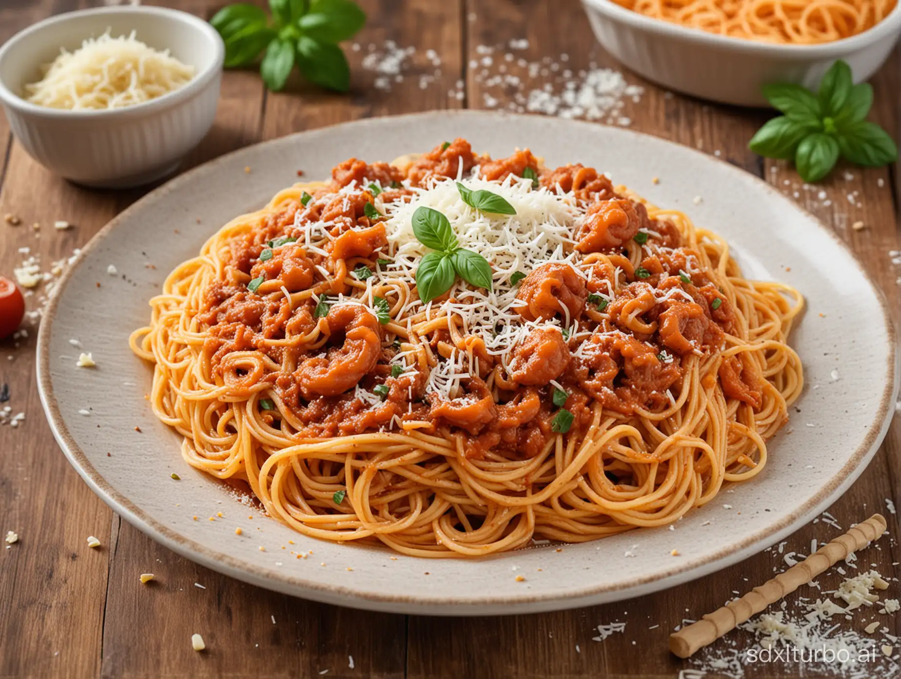 A plate of worm spaghetti, with each noodle wriggling and squirming in its own unique way, coated in a rich tomato sauce and topped with freshly grated parmesan cheese.