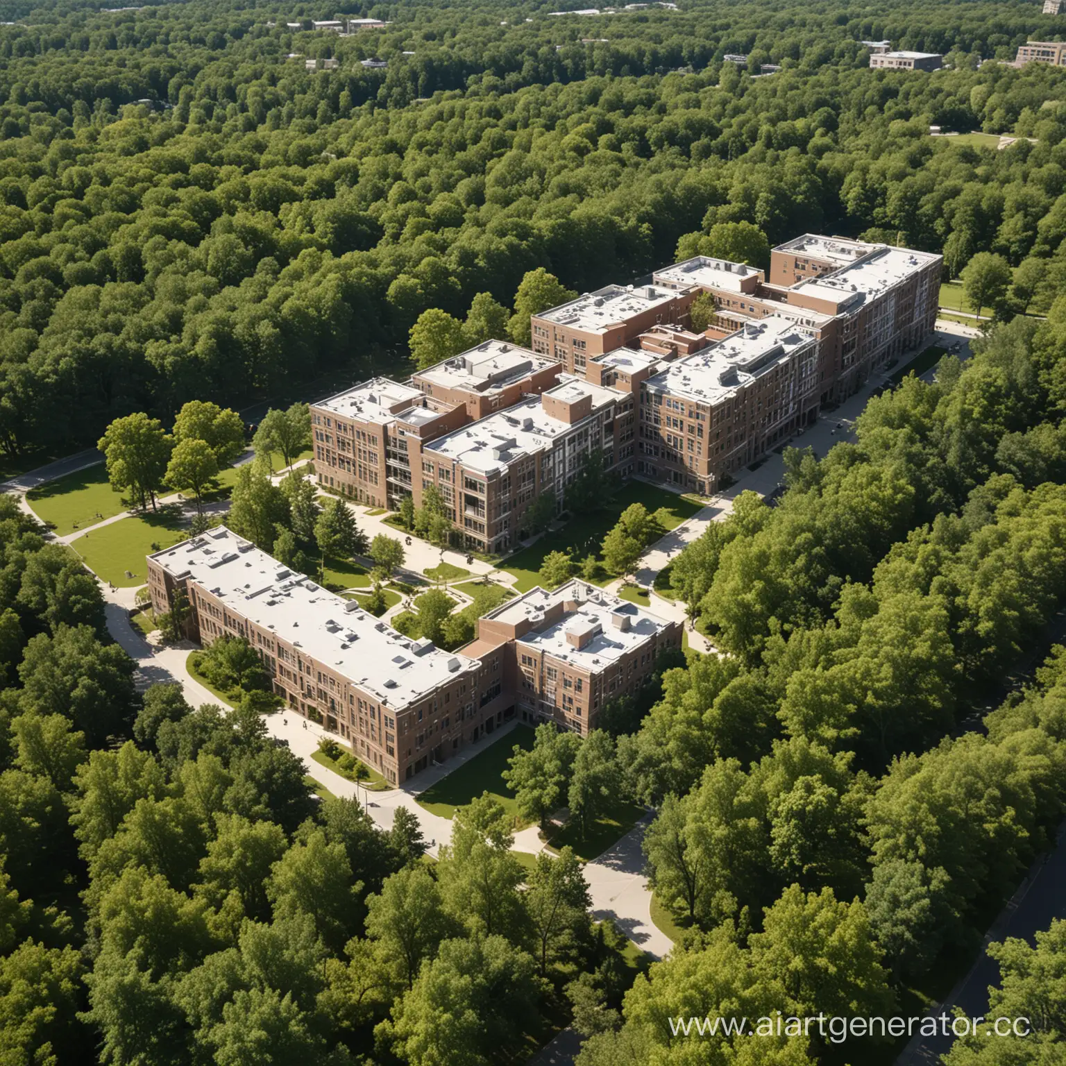 студенческий кампус с учебным корпусом в 5 этажей и общежитием в летний период в окружении деревьев
