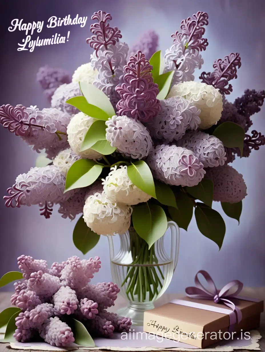 A beautiful lilac bouquet with the inscription 'Happy Birthday, Lyudmila!'