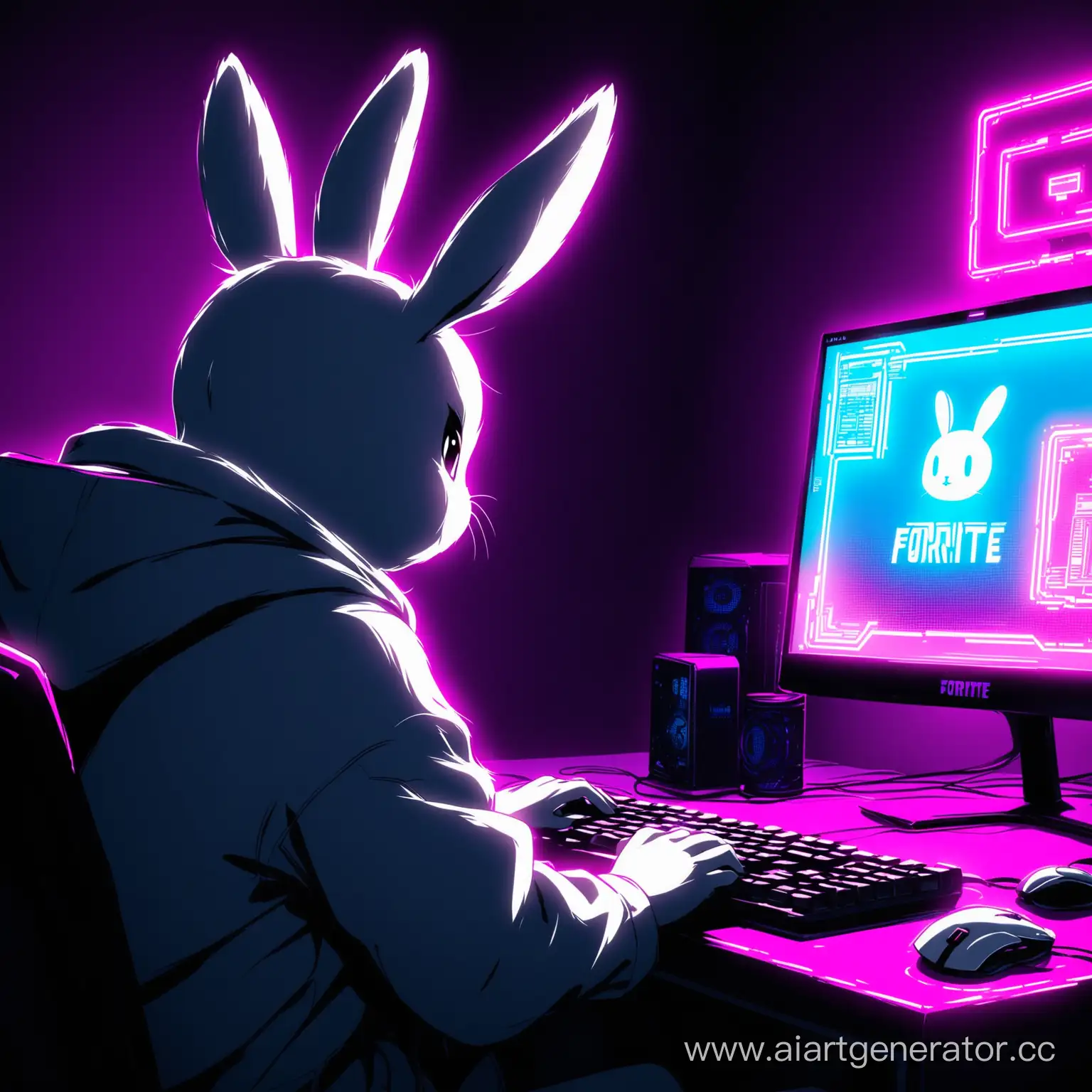 кролик черно-белый сидит за компьютером и играет в fortite зади него неоновая подсветка
 