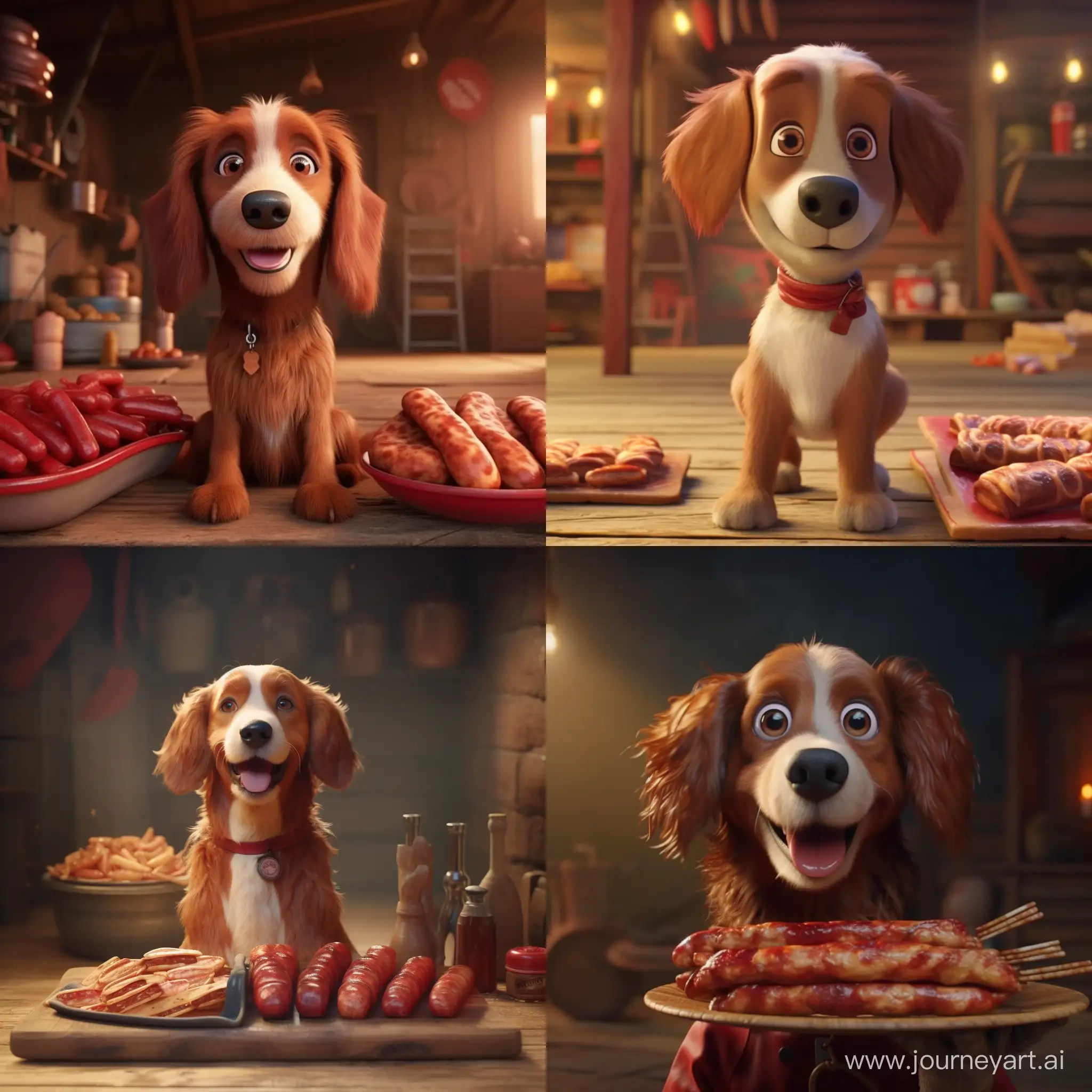 The dog carries sausage and meat on him. 3D animation 