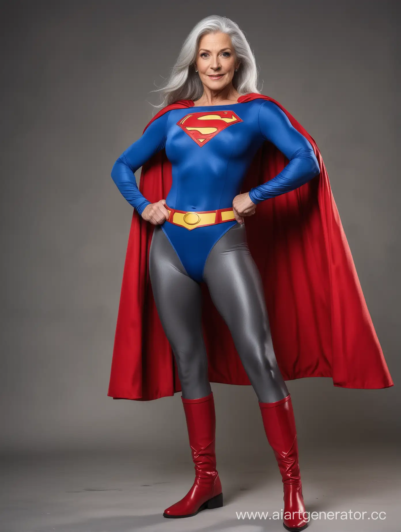 A beautiful woman with long gray hair, age 65, she is confident and heroic, her body is very fit and muscular, she is wearing the classic Superman costume with blue spandex leggings, red briefs, red boots, red cape