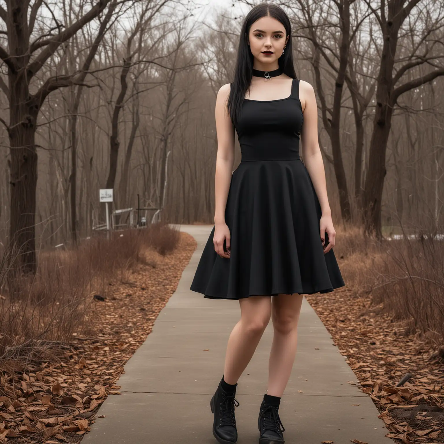 mockup for a black tank top style skater style dress.   the model should be female and resemble wednesday addams.  the background of the photo should look like the outdoors at  nevermore academy