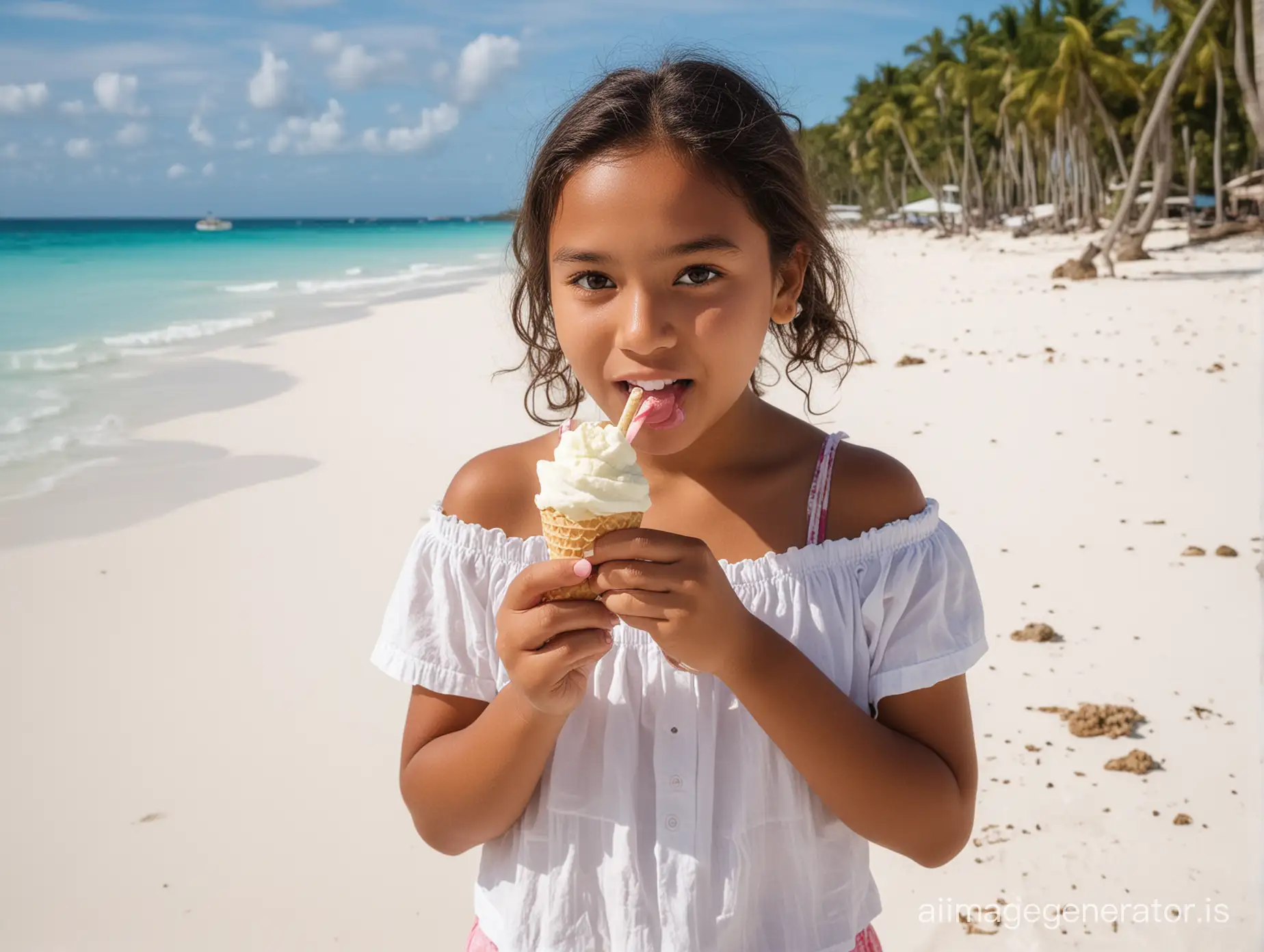 Moluccan schoolgirl on white beach eating icecream