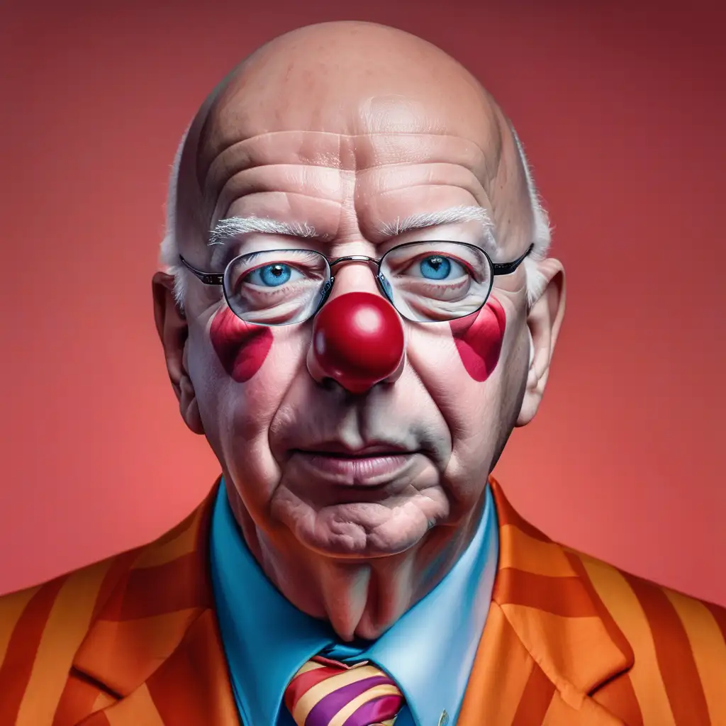 klaus schwab putting on clown makeup. use hyperrealism. use solid color background. full face. no cropping
