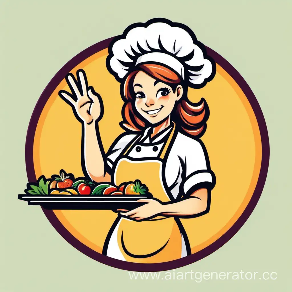 Smiling-Cook-Girl-Holding-Tray-with-Ok-Gesture