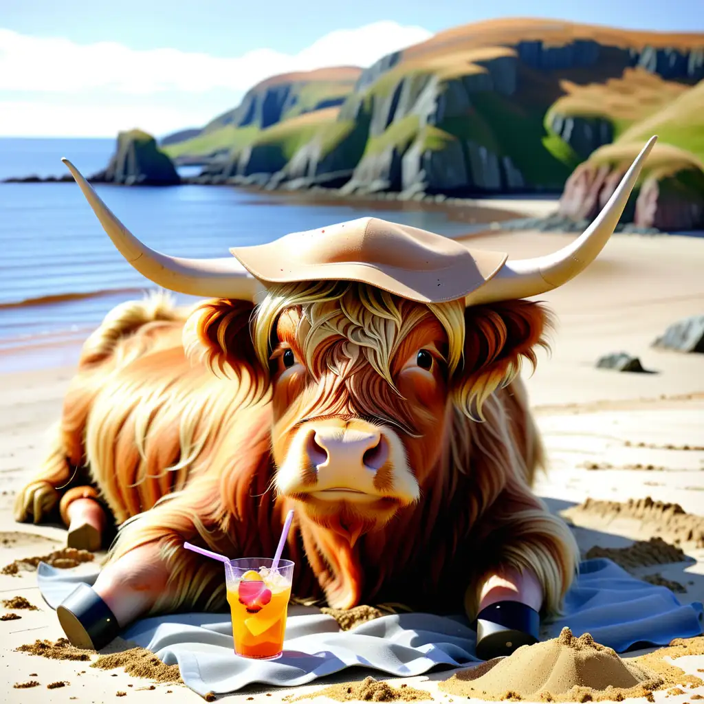 Summers day, at the beach, a highland cow laying on the sand, hat on, drinking a drink, watching the view