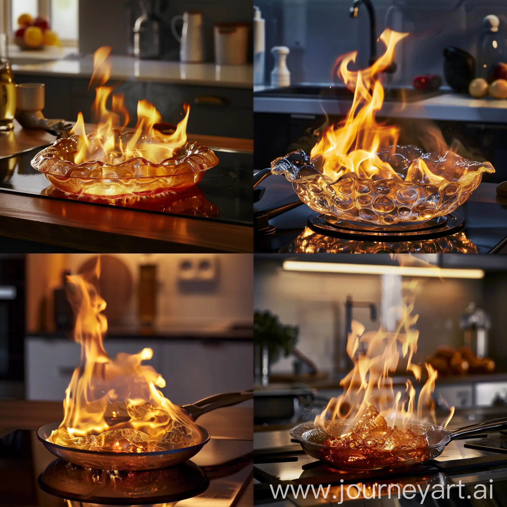 a frying pan, made of plastic, melting over the flame on the hob. it's starting to create flames. 