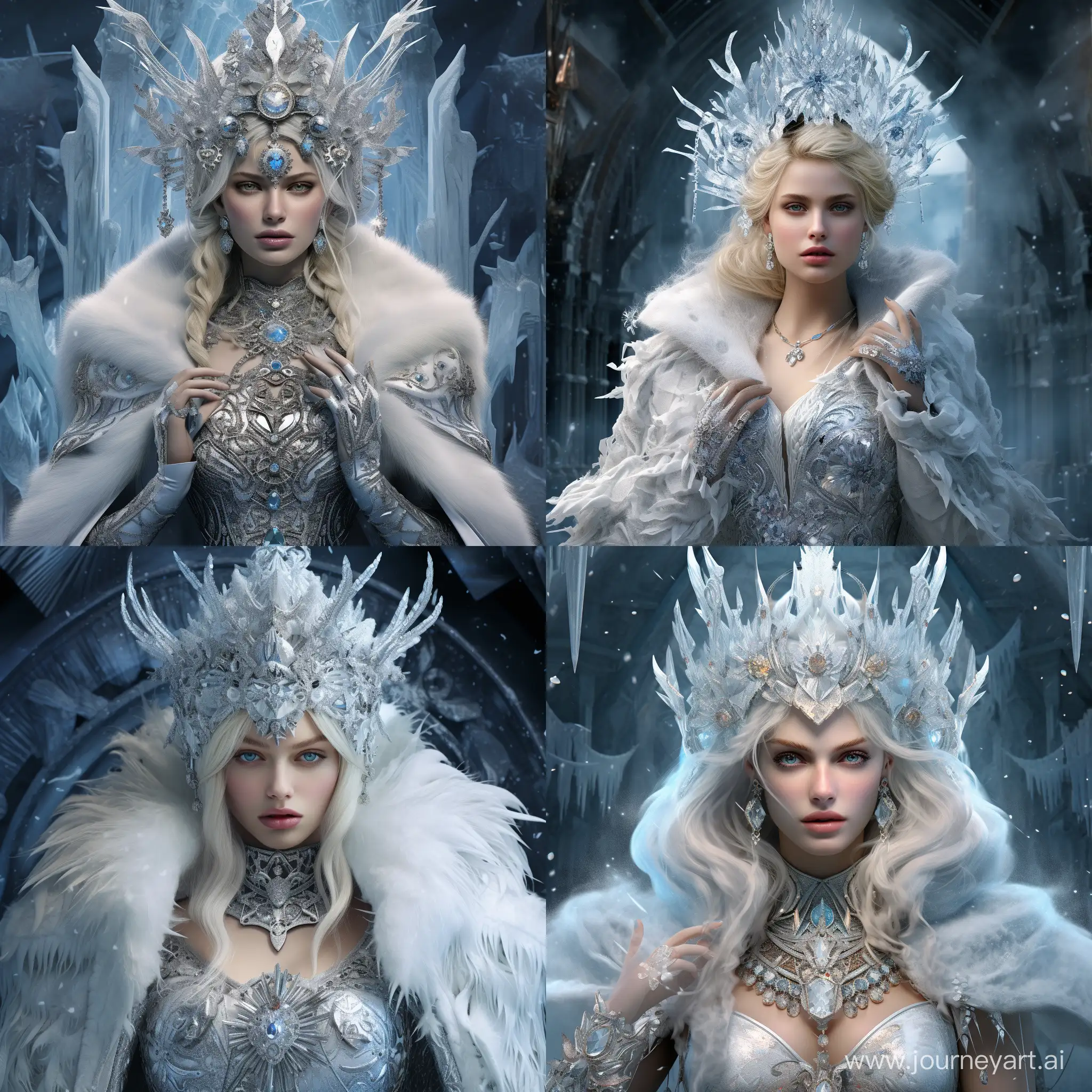 Splash art, Hyperrealism art, detailed color drawing of the snow queen in elaborate jewelry and a crystal crown, fur coat, frock coat, snow, crystal castle, hyperdetalization, intricate detail, fiction, intricate details, screensaver, snow, fog, ice, splashes, fantasy, concept art, 8k resolution, masterpiece