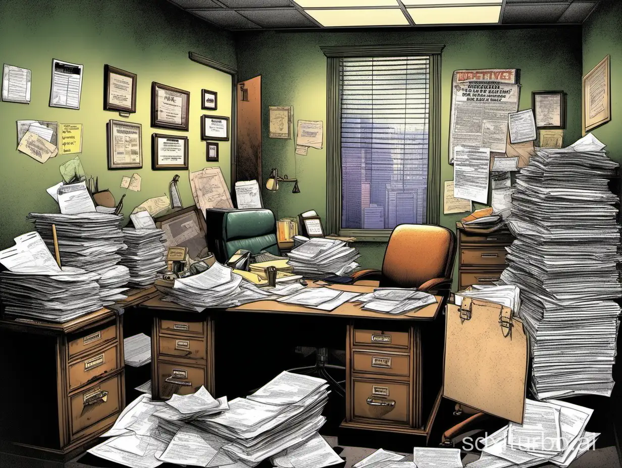  A cluttered office with papers strewn about, a filing cabinet in the corner, and a "Detective Agency" sign hanging askew on the door.