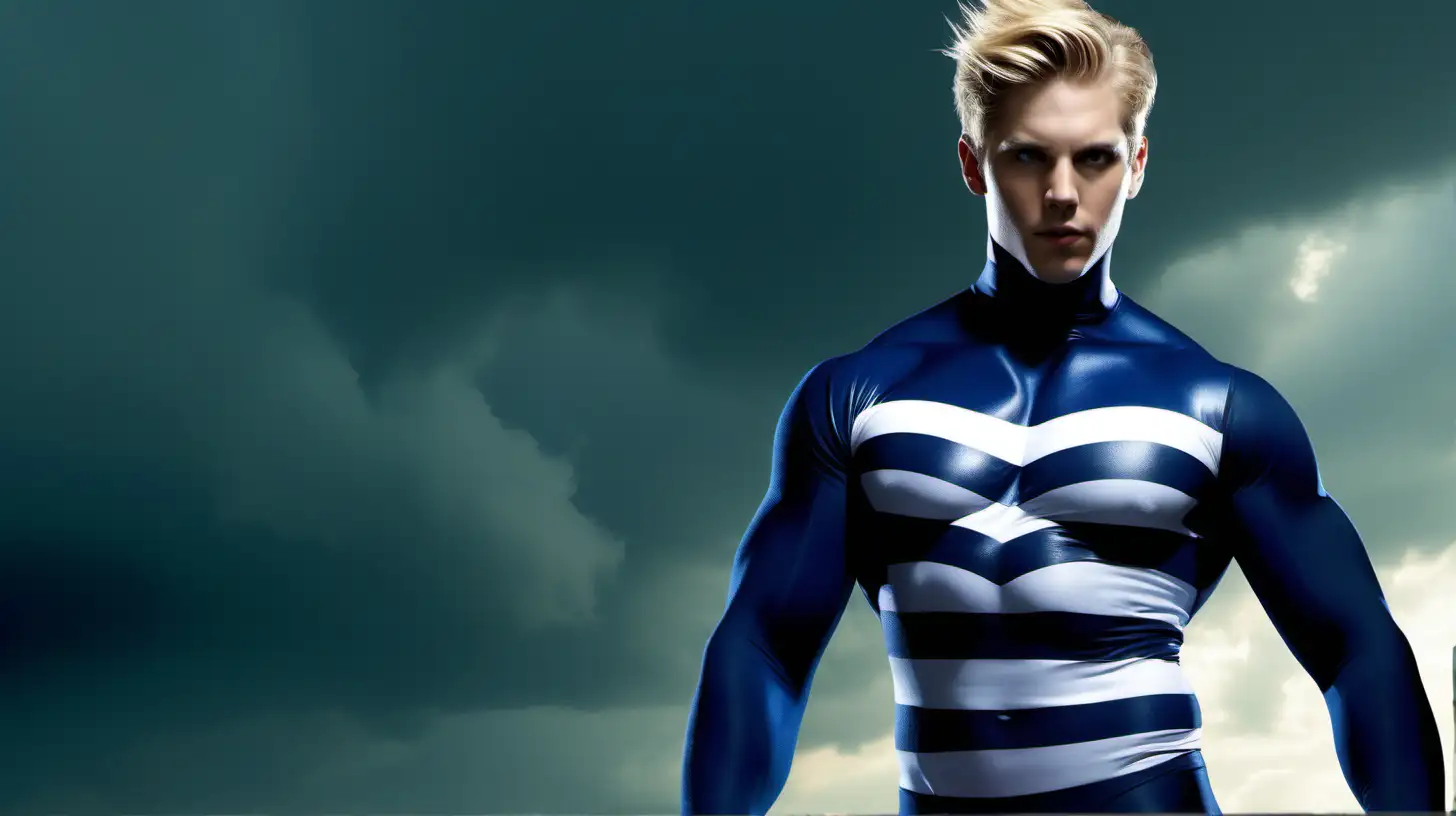 Subject: The central figure in the image is a muscular and blond young man who is dressed in a navy blue skintight costume with horizontal stripes, creating a visually striking and attention-grabbing appearance. The costume enhances the character's physique and adds a sense of dynamism to the scene.
Setting: The location is specified as Kentucky, specifically Louisville, suggesting a regional context. The choice of location can evoke a sense of familiarity or curiosity, depending on the viewer's perspective. The daytime setting adds a vibrant and energetic atmosphere to the image.
Action: The young man is captured smirking, adding a touch of attitude and personality to his character. The smirk suggests a level of confidence or mischief, creating intrigue for the viewer. The focal point of the image is the tornado being conjured, indicating a powerful and visually captivating element.
Style/Coloring: The color palette is dominated by navy blue and pacific blue, creating a cohesive and visually appealing composition. The skintight costume enhances the muscular features of the character, contributing to the overall aesthetic appeal.
