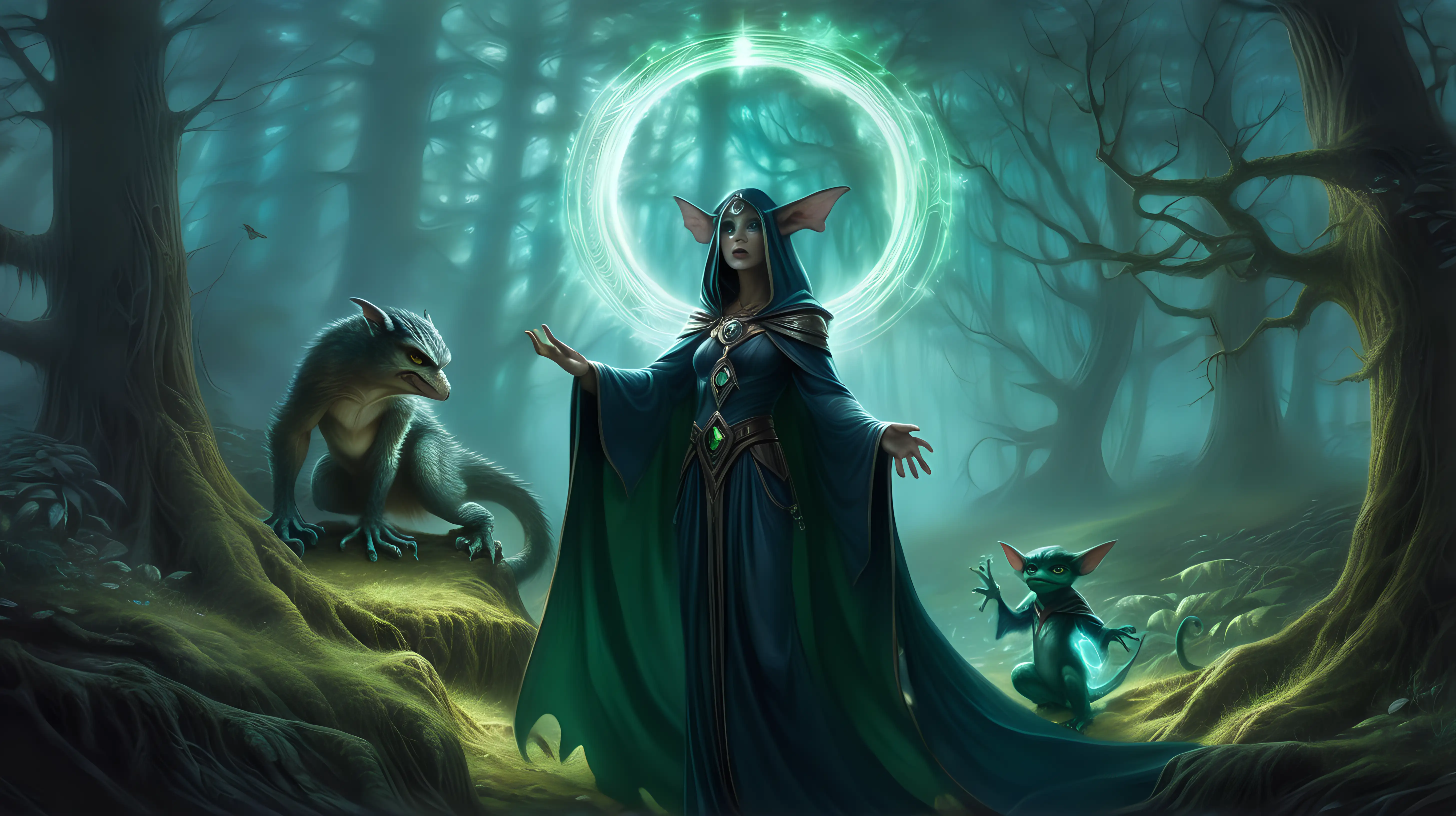 In a mystical forest, a sorceress with a glowing halo above her, seeks guidance from her ethereal familiar and malevolent gremlin companion, torn between using her powers for good or succumbing to darker temptations.