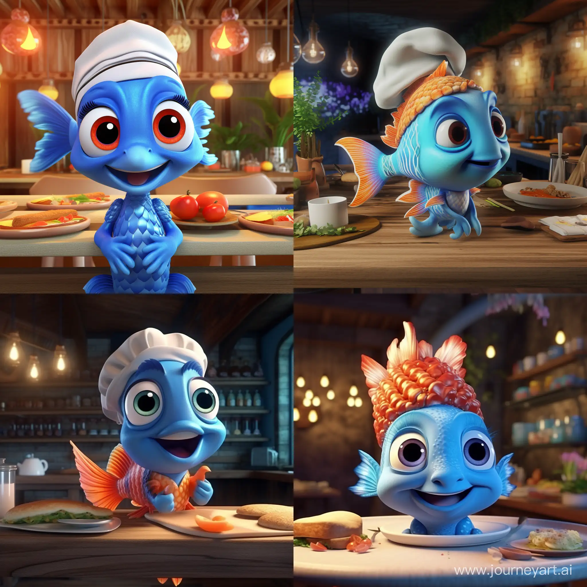 A blue fish with a headband and hands makes sushi at a restaurant. 3D animation 