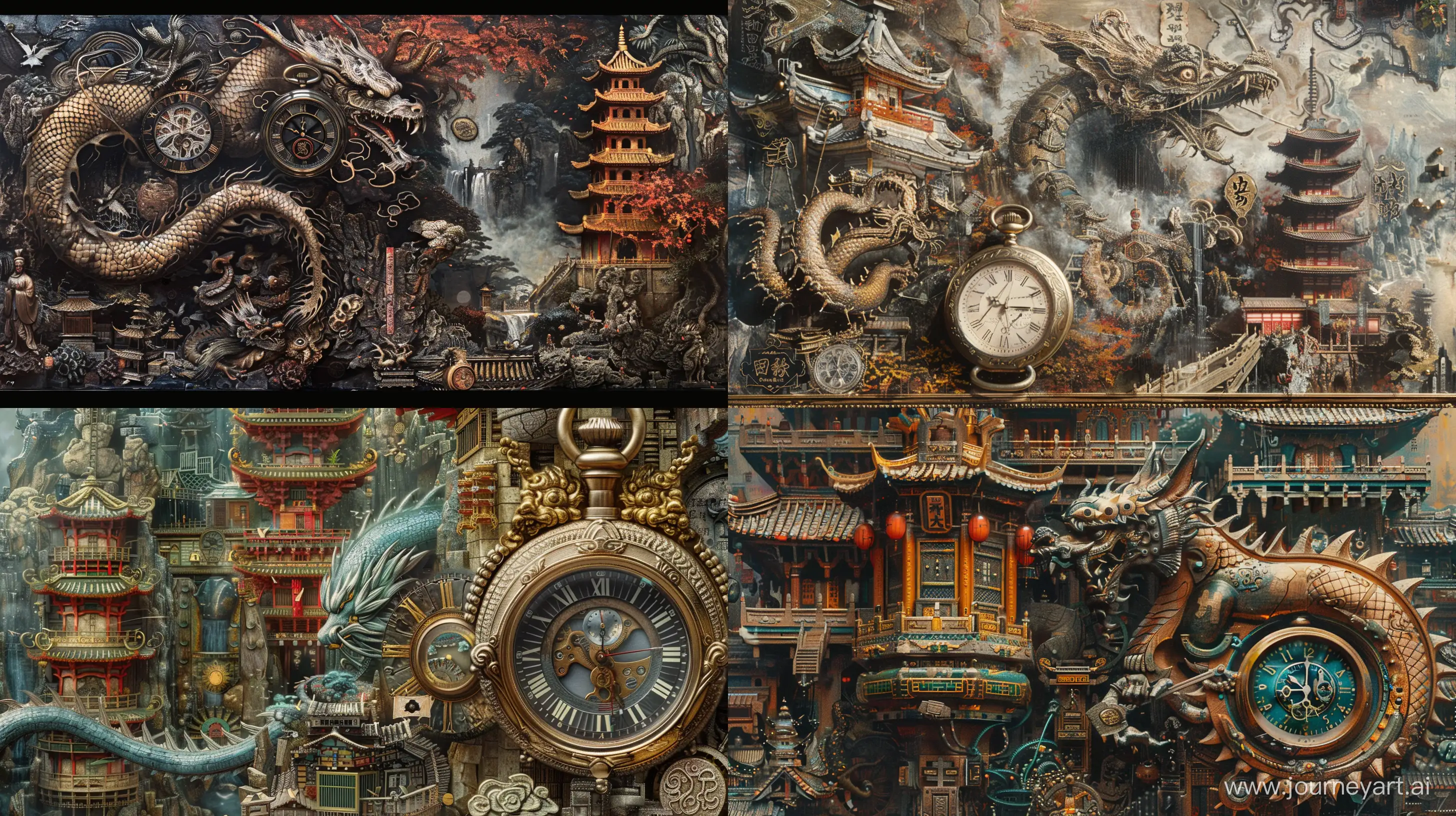 **elegantism, insane detail, painting masterpiece, Extreme authentic decor, pocket watch, mythical creature, ancient tower, perfect exact rendering, embellished and intricate architectural ornamentations, many Japan and China artifacts, greebles::2 --ar 16:9 --q 1