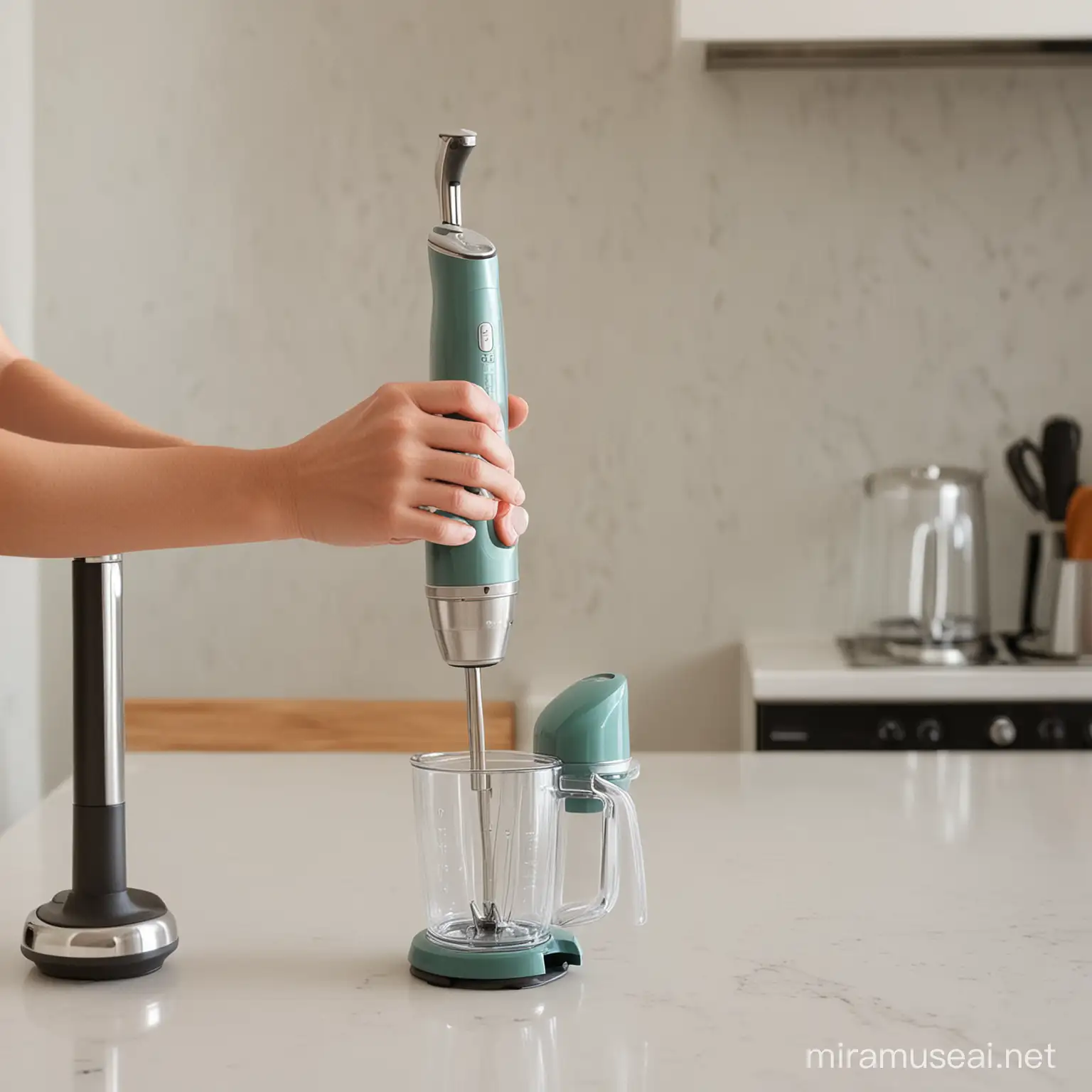 a women hand hold a stick blender on the counter,and then detach the upper and buttom part by snap on design

