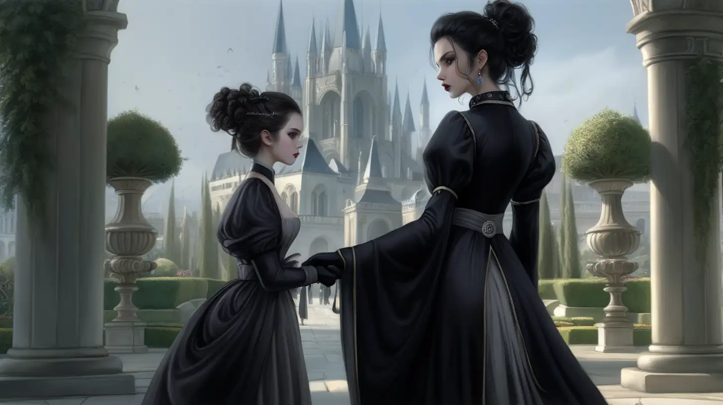 Dreaming city, beautiful, royal attire black curly hair, pale skin, grey eyes, dreaming city, black robes, black gloves, female, black make up, black mascara and lipstick, angered look on her face, robes, Standing in the city, perfect posture, victorian, looking away from camera, hair tied up in a messy bun, proper and unamused look on her face, full body shot, royal look, hands clasped behind her back, show full body, in the royal garden, garden, grand garden, wideshot, her daughter next to her