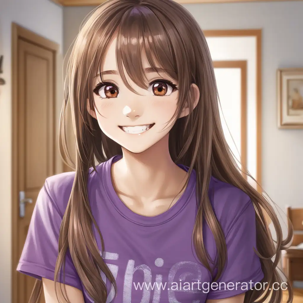 Девушка, длинные коричневые волосы, фиолетовая футболка, серые джинсы, карие глаза, улыбка, комната
