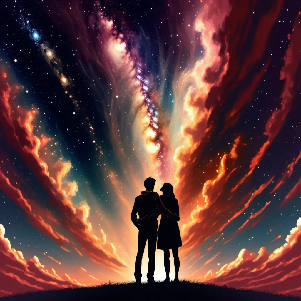 Romantic Couple Embracing Under a Celestial Sky