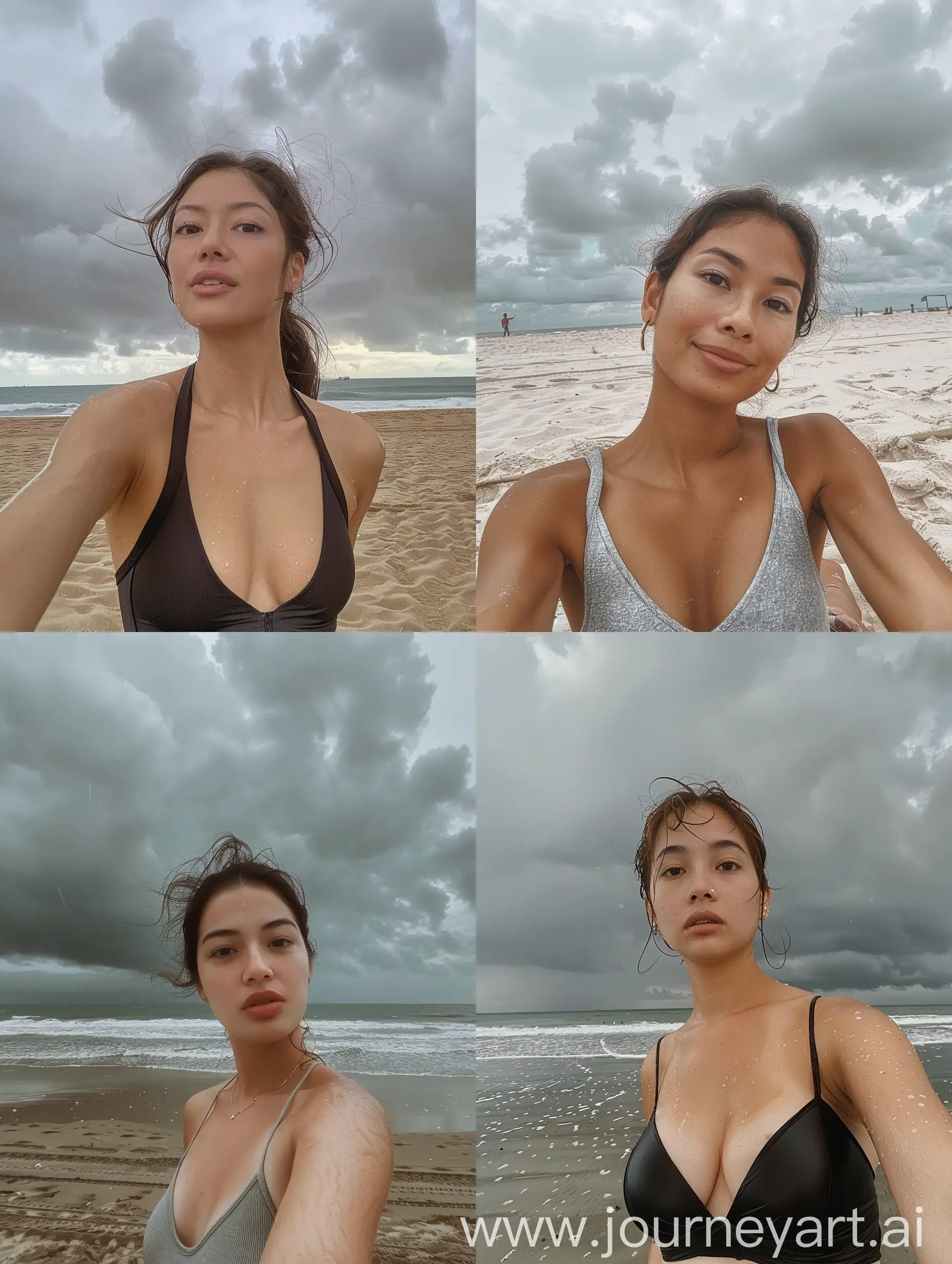 instagram selfie of a spanish-filipino woman in her 20s, with fair skin, at the beach under an overcast sky