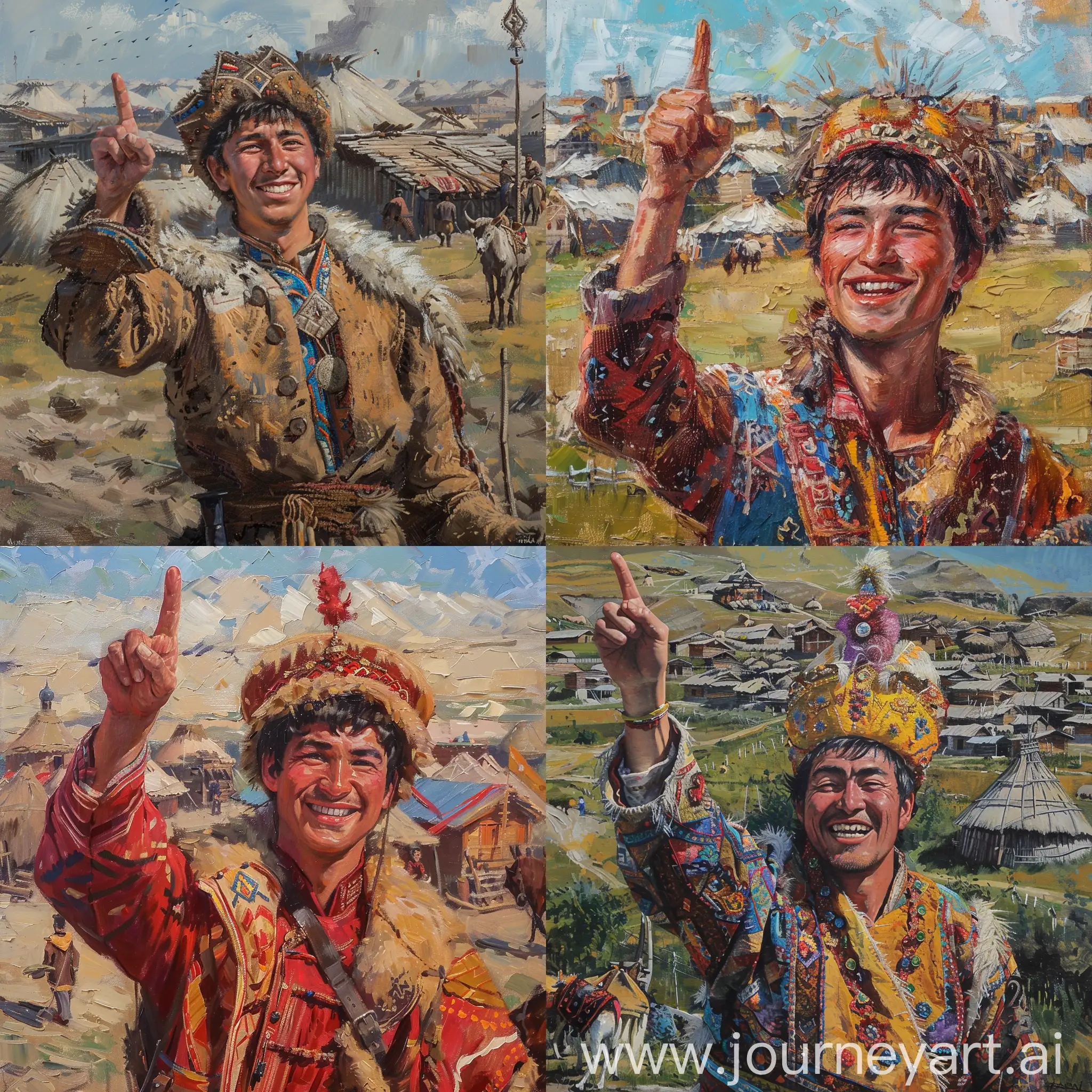 Kazakh nomads village in background and in the foreground is our young and handsome kazakh character, now in Kazakh costume something national, smiles and raises a finger upwards, oil paining, renaissance style
