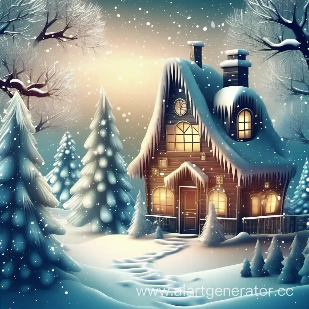 Зимний новогодний сказочный лес с елкой и домиком