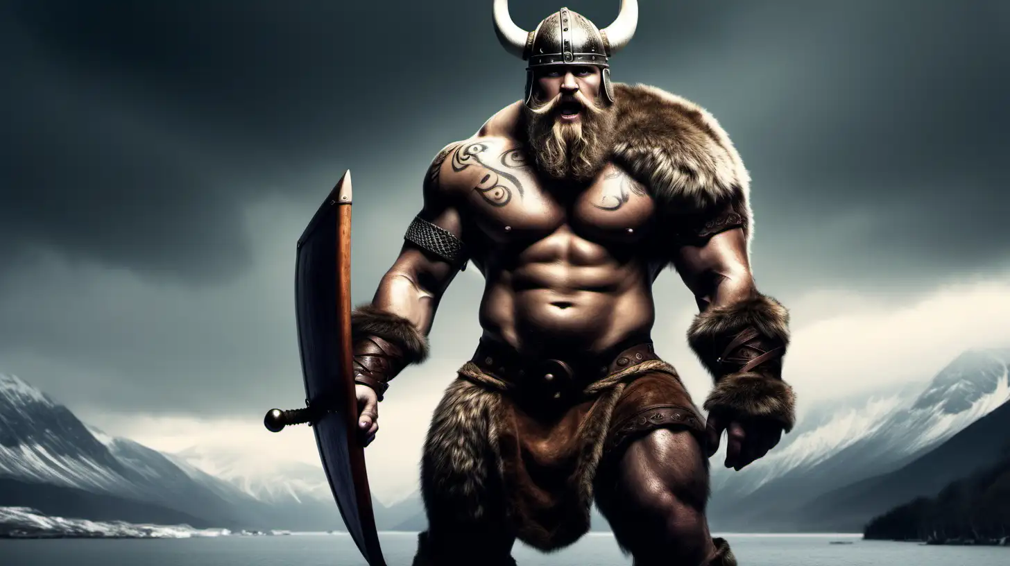create an epic, vivid image one Viking in bear skin