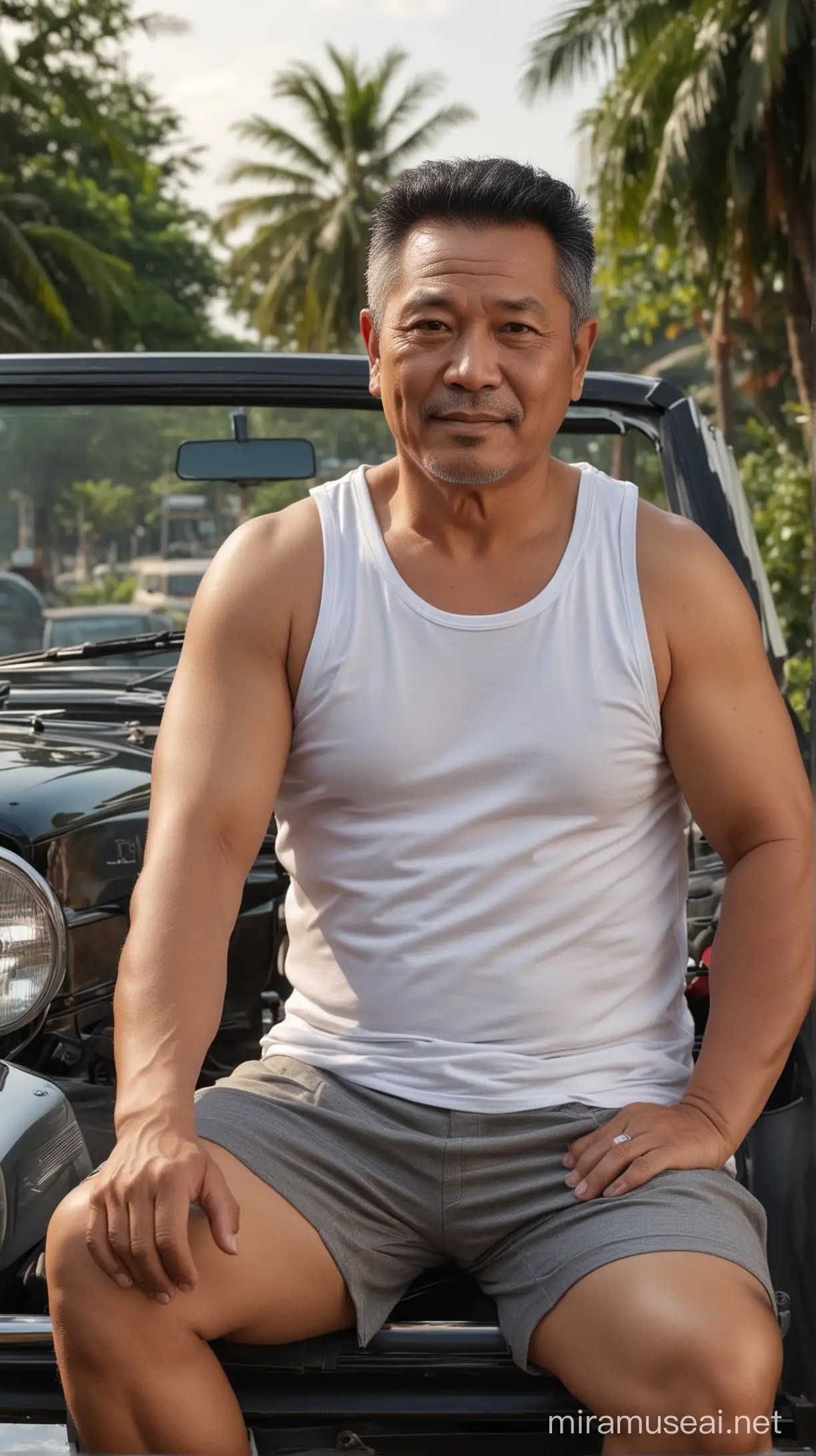 Foto realistis,bapak bapak indonesia usia 55 tahun badan gemuk,rambut hitam rapi belah tepi,memakai baju tank top putih dan celana pendek tipis,sedang duduk di atas mobil alpard hitam,detail,persis,8k hd
