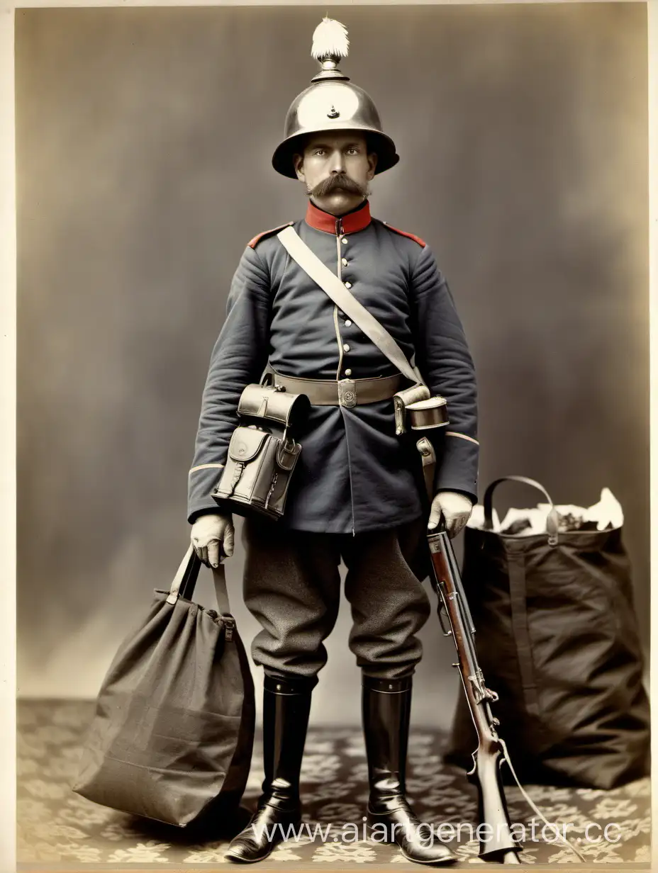 солдат  имперской армии 1890 года с имперской каской ружьем, небольшой сумкой сзади с провизией,
