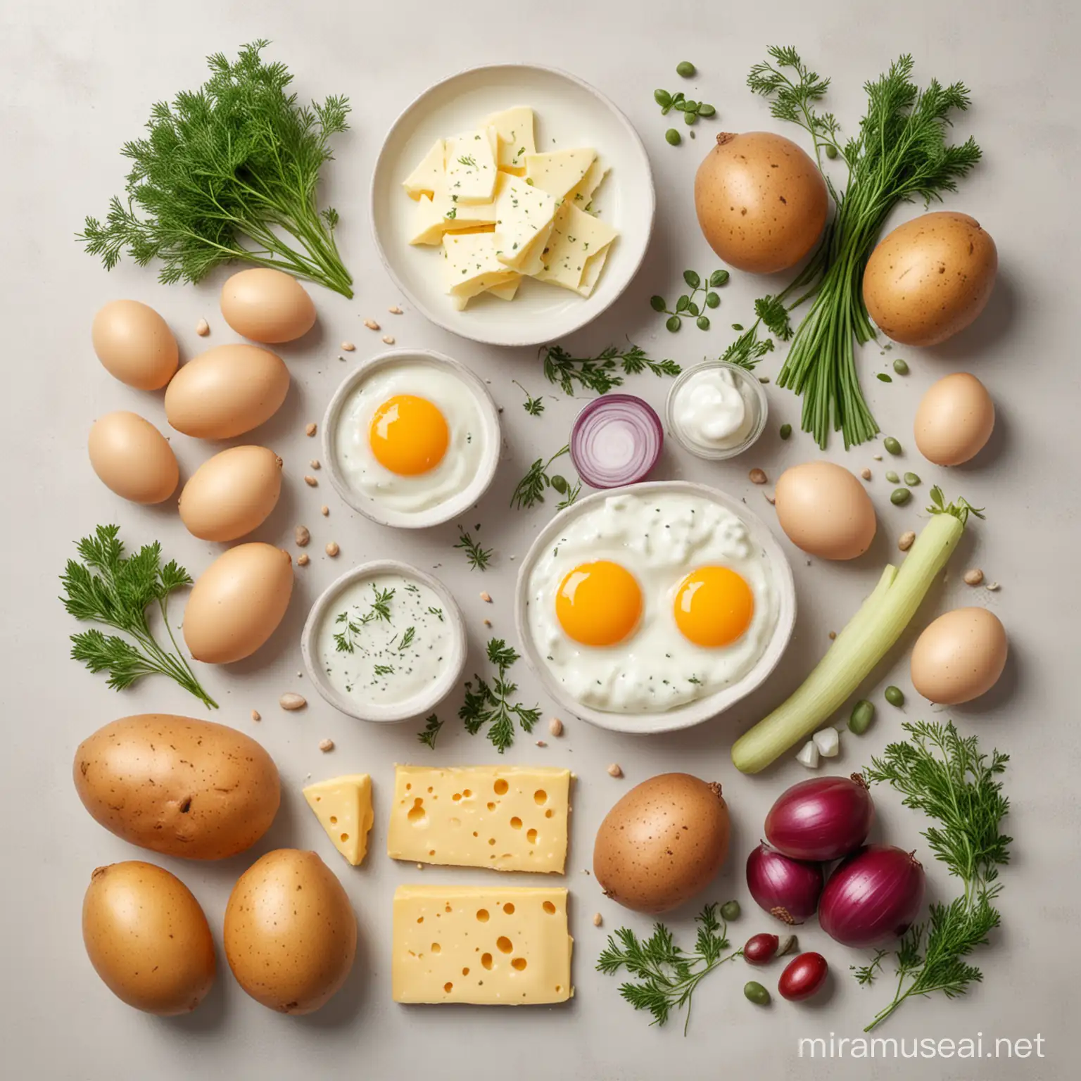 Fresh Ingredients Bean Onion Potato Milk Eggs Cheese Dill Parsley Olive Oil on Light Background