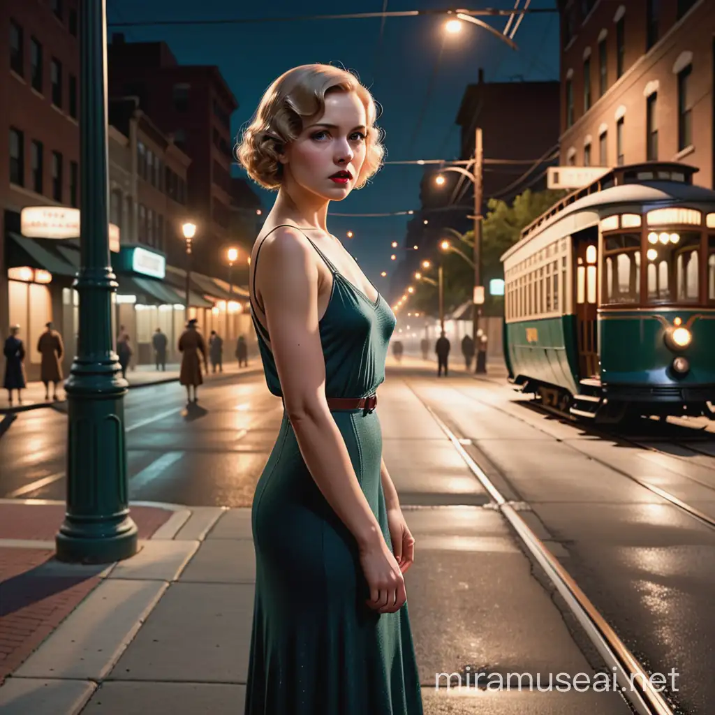 a provocative 1930's woman standing alone on a dimly lit street at night. She is vulnerable and defiant.

In the background, there is   a couple arguing and a streetcar passing by. 
