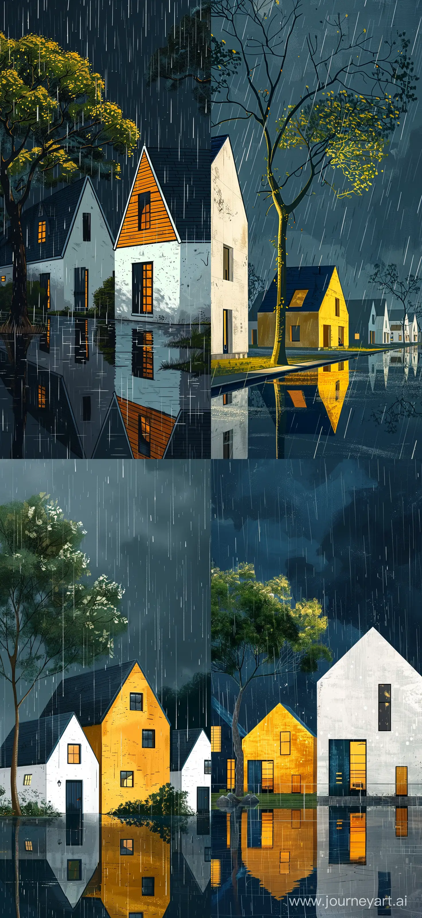 Digital Art From White & Navy Blue & Yellow Modern Gable Houses in Usa, Green Tree, Rainy Night, Deep Colors, Rafael Albuquerque Illustration Style, High Quality --v 6.0 --s 250 --ar 6:13