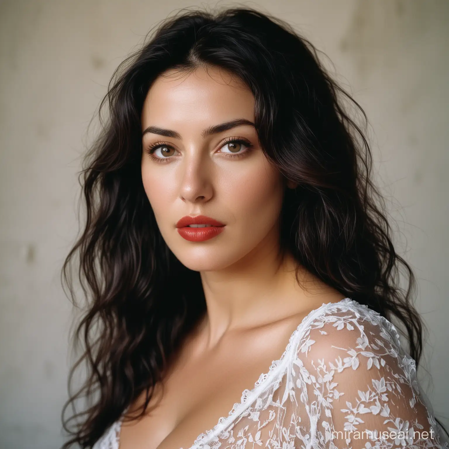 film photography, light fabric, using a 35mm lens, f/2, film, grain, beautiful young monica bellucci, portrait, malena, realistic natural skin, realistic  natural hair, beautiful eyes, red lips, dark brown eyes