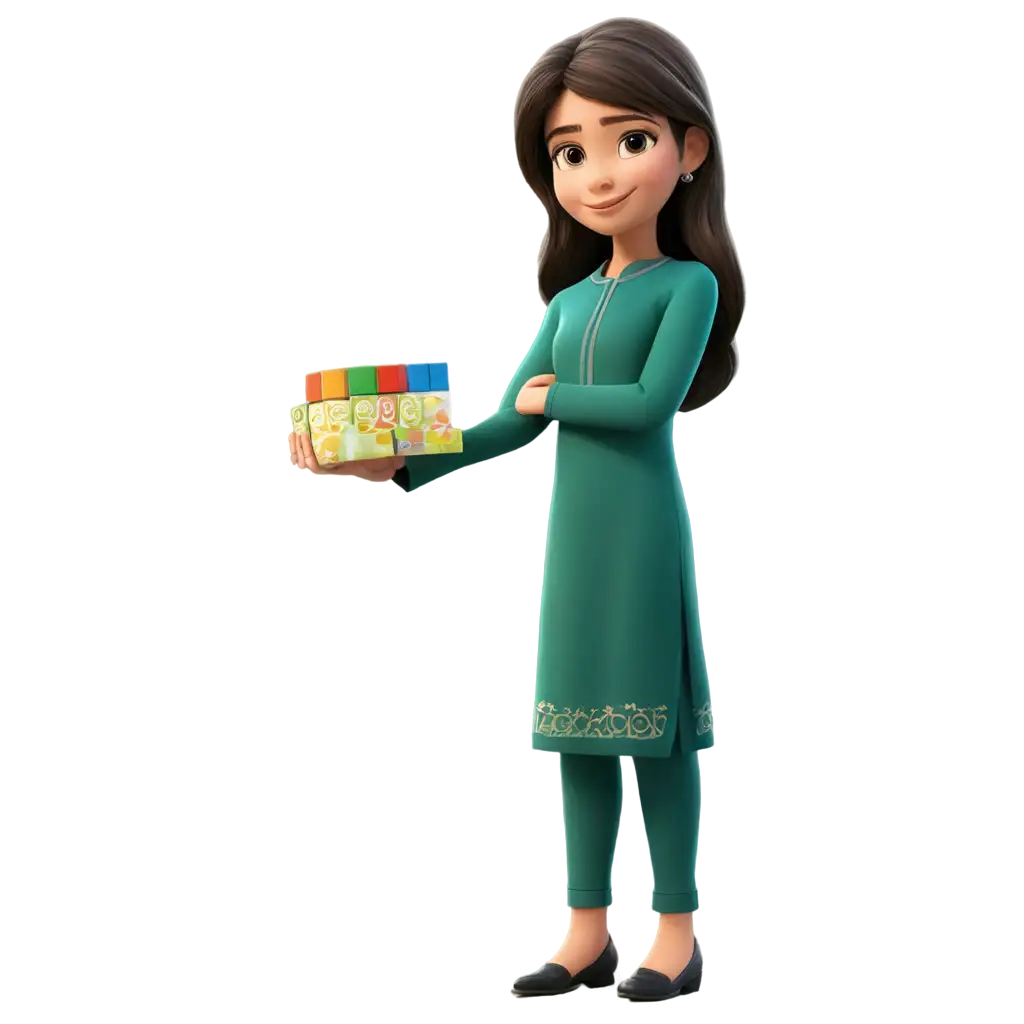 A Cartoon Girl wearing shalwar Kameez, with tied hair, standing straight holding a product
